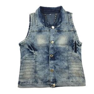 Edgy Acid‎ Wash Denim Vest with Studded Collar Biker Chic Sleeveless Jacket 14